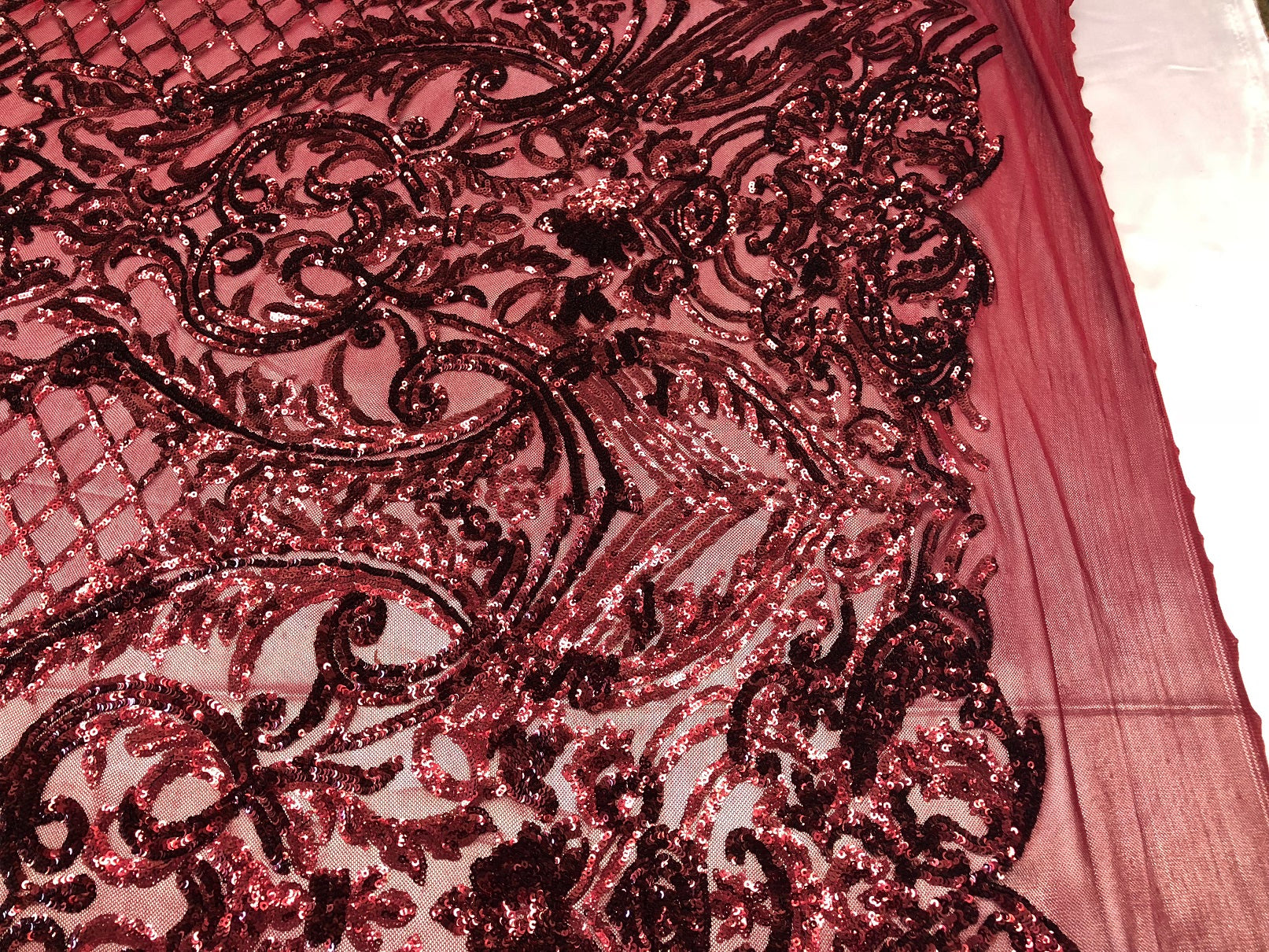 4 Way Stretch Damask Pattern Sequins Fabric Burgundy Fancy Embroidered Mesh Dress-Prom By The Yard