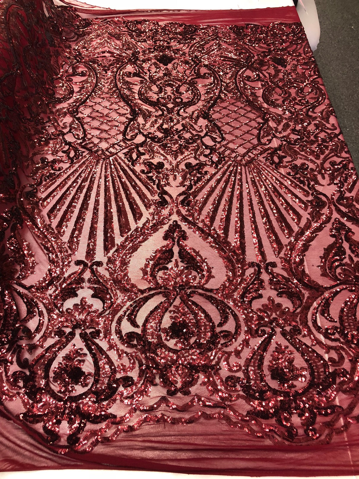 4 Way Stretch Damask Pattern Sequins Fabric Burgundy Fancy Embroidered Mesh Dress-Prom By The Yard