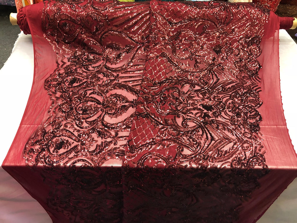 4 Way Stretch Damask Pattern Sequins Fabric Burgundy Fancy Embroidered Mesh Dress-Prom By The Yard