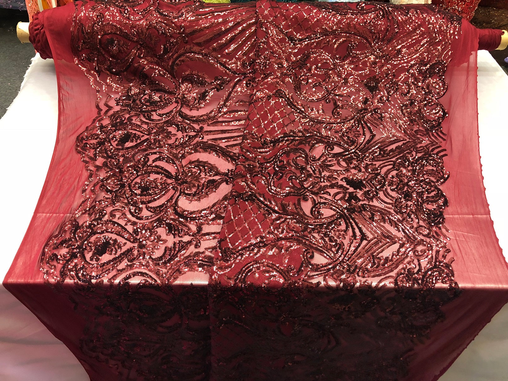 4 Way Stretch Damask Pattern Sequins Fabric Burgundy Fancy Embroidered Mesh Dress-Prom By The Yard