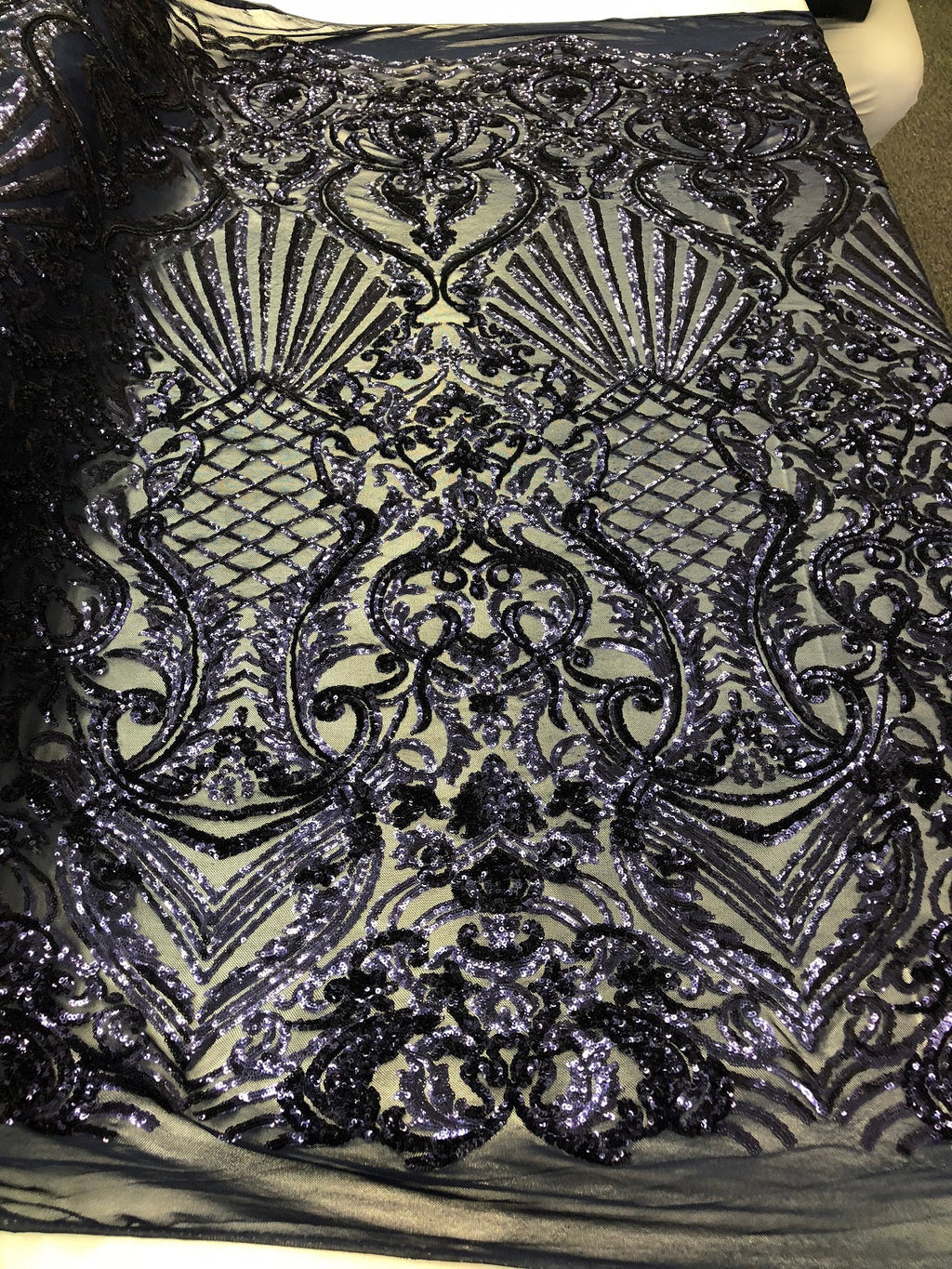 4 Way Stretch Damask Pattern Sequins Fabric Navy Fancy Embroidered Mesh Design Fashion By The Yard