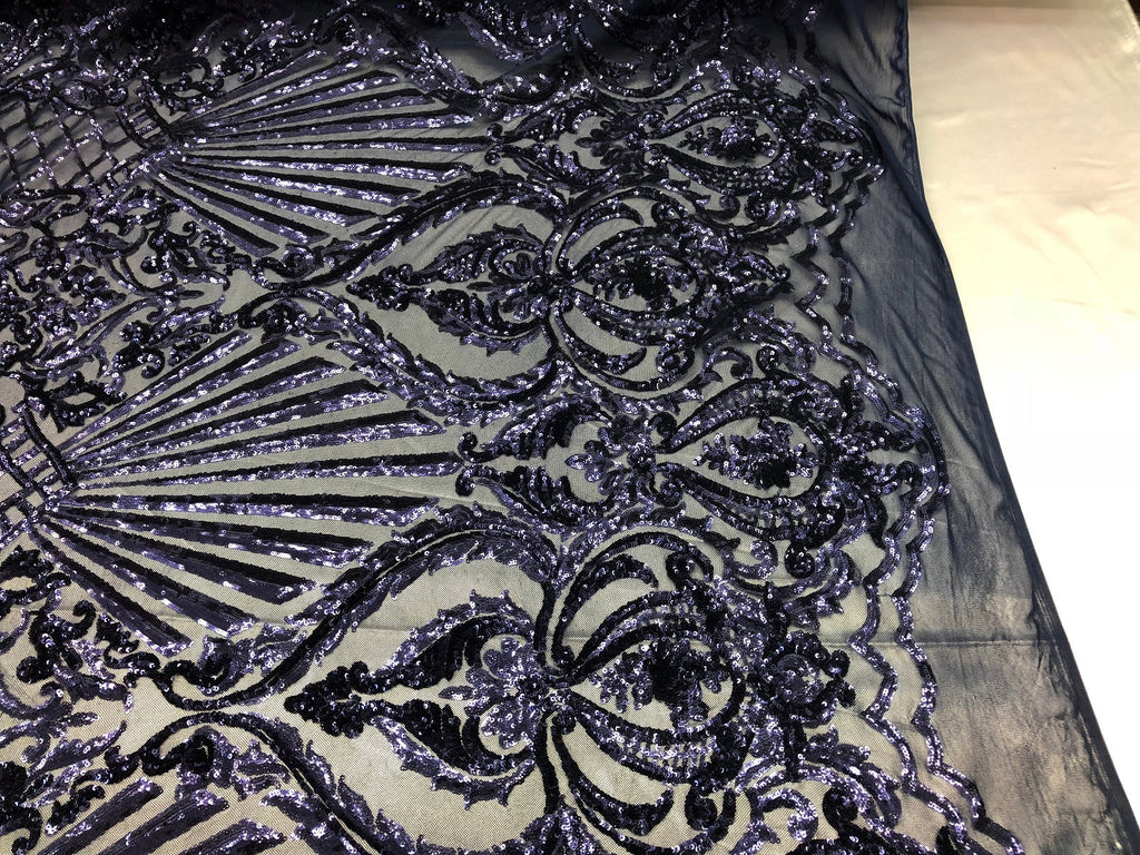 4 Way Stretch Damask Pattern Sequins Fabric Navy Fancy Embroidered Mesh Design Fashion By The Yard