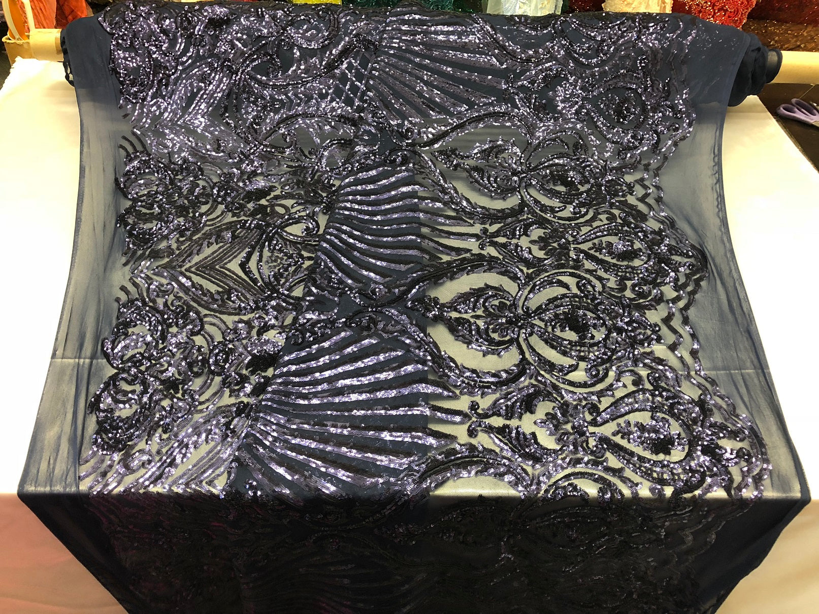 4 Way Stretch Damask Pattern Sequins Fabric Navy Fancy Embroidered Mesh Design Fashion By The Yard