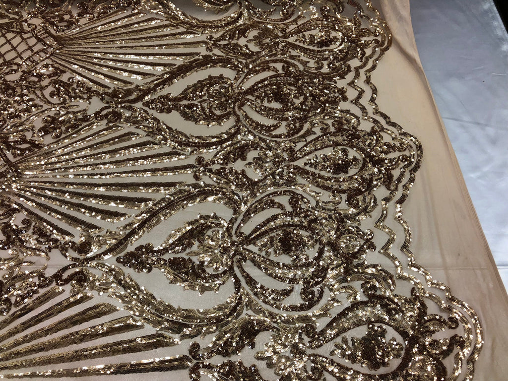 4 Way Stretch Damask Pattern Sequins Fabric Champagne Fancy Embroidered Prom-Gown By The Yard