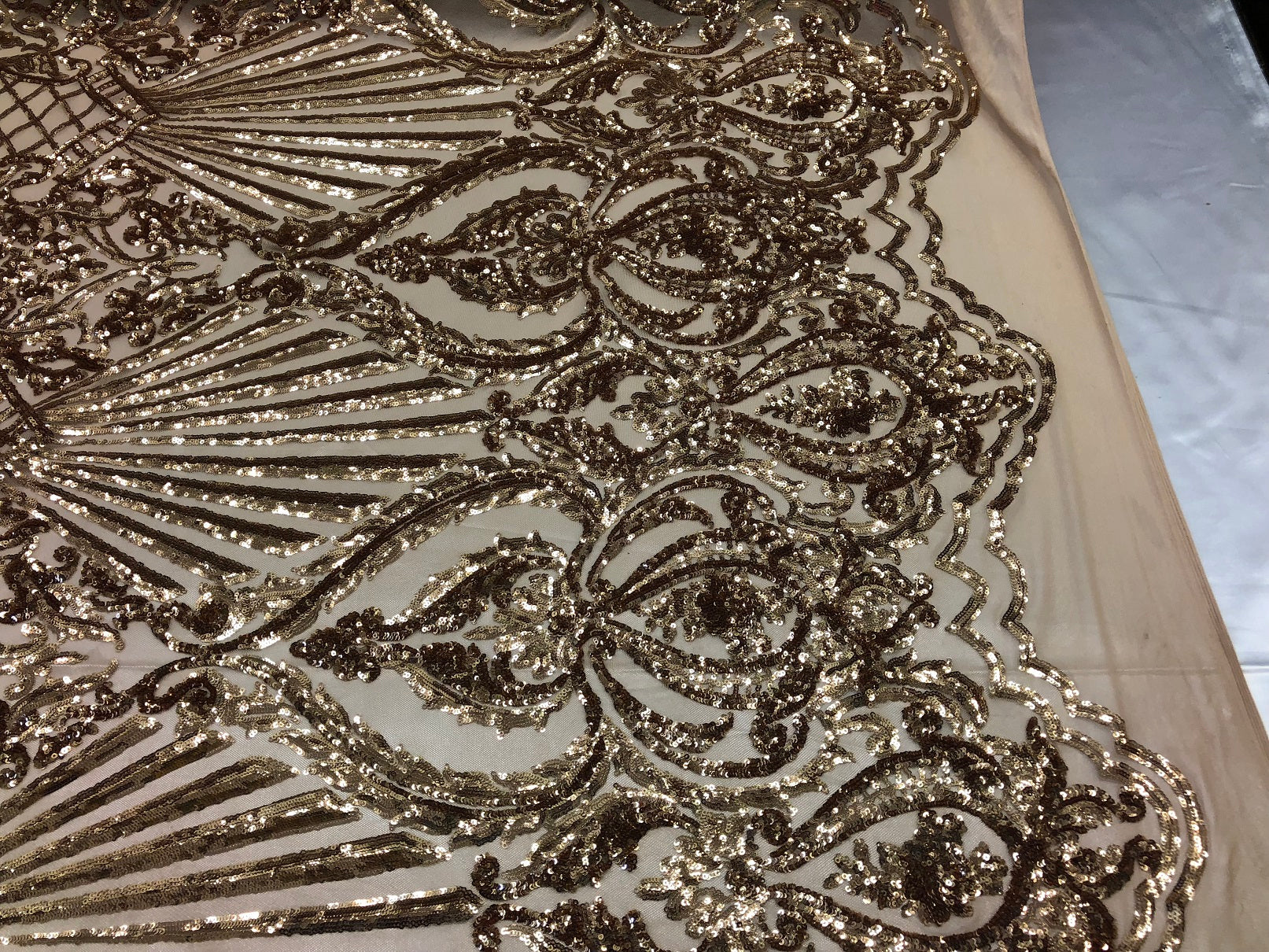 4 Way Stretch Damask Pattern Sequins Fabric Champagne Fancy Embroidered Prom-Gown By The Yard