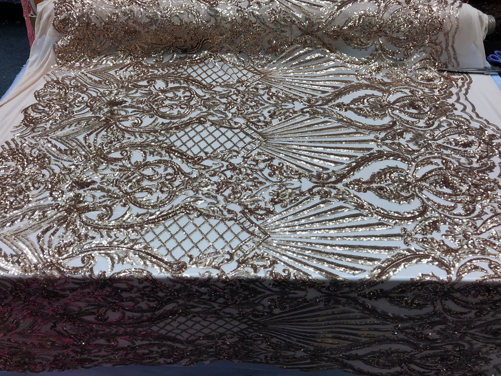 4 Way Stretch Damask Pattern Sequins Fabric Champagne Fancy Embroidered Prom-Gown By The Yard