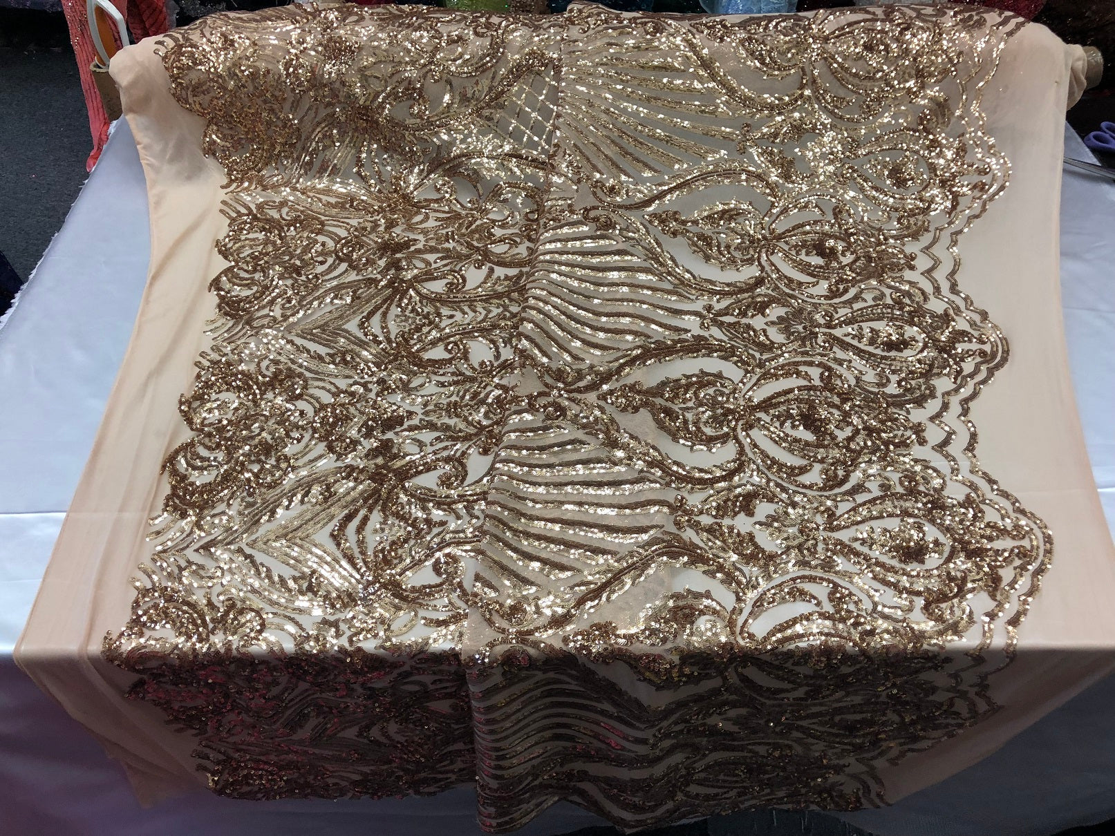 4 Way Stretch Damask Pattern Sequins Fabric Champagne Fancy Embroidered Prom-Gown By The Yard