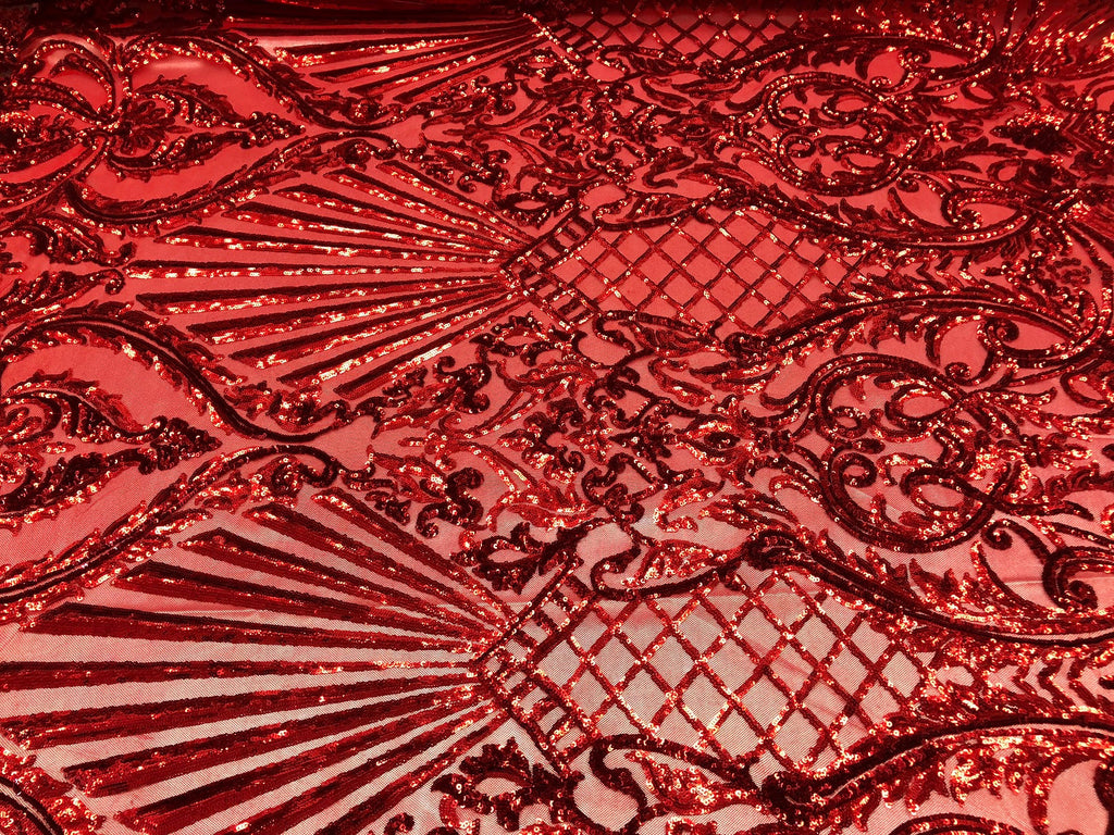 4 Way Stretch Damask Pattern Sequins Fabric Red Fancy Embroidered Mesh Design Fashion By The Yard
