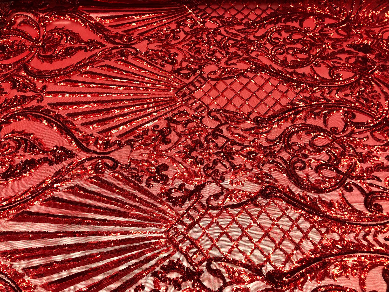 4 Way Stretch Damask Pattern Sequins Fabric Red Fancy Embroidered Mesh Design Fashion By The Yard
