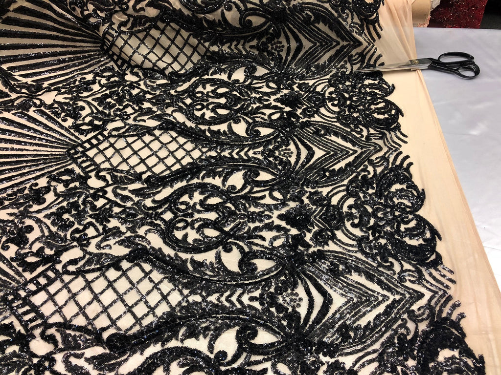 4 Way Stretch Damask Pattern Sequins Fabric Black Fancy Embroidered On A Mesh Nude By The Yard