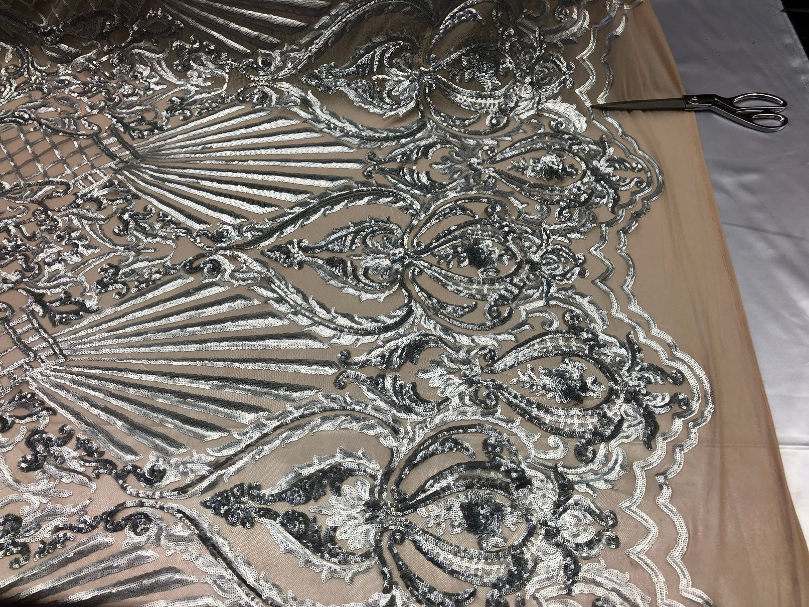 4 Way Stretch Damask Pattern Sequins Fabric Silver Fancy Embroidered Mesh Design Fashion By Yard