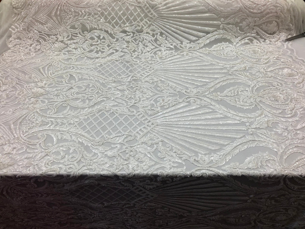 4 Way Stretch Damask Pattern Sequins Fabric White Fancy Embroidered Mesh Fashion Fabric By The Yard