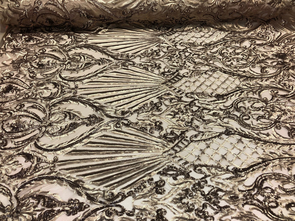 4 Way Stretch Damask Pattern Sequins Fabric Gold Fancy Embroidered Fashion-Prom-Gown By The Yard