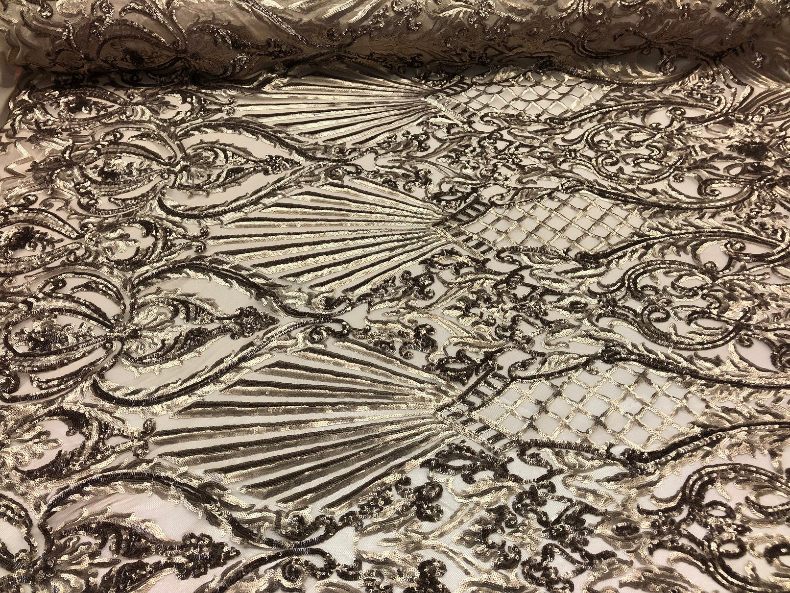4 Way Stretch Damask Pattern Sequins Fabric Gold Fancy Embroidered Fashion-Prom-Gown By The Yard