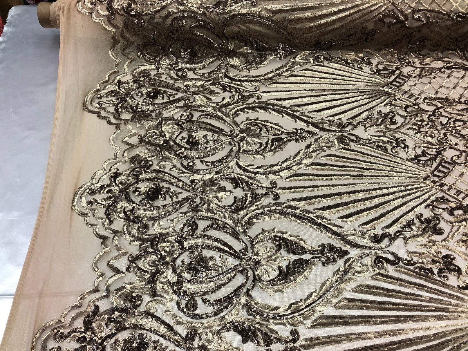 4 Way Stretch Damask Pattern Sequins Fabric Gold Fancy Embroidered Fashion-Prom-Gown By The Yard