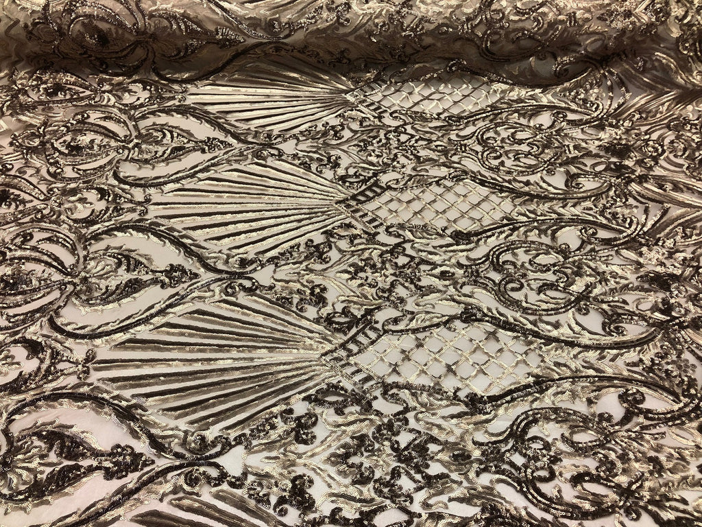 4 Way Stretch Damask Pattern Sequins Fabric Gold Fancy Embroidered Fashion-Prom-Gown By The Yard