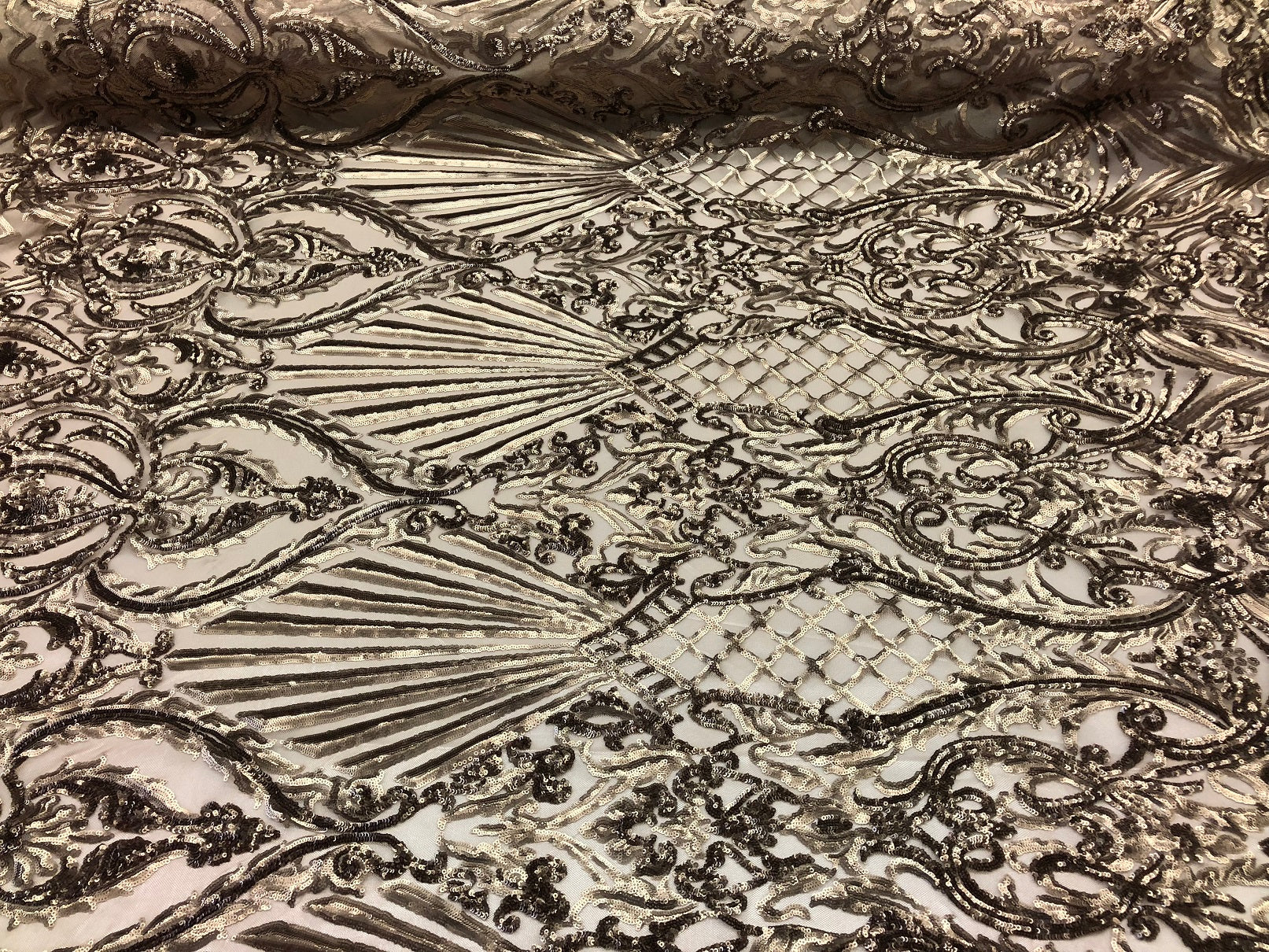 4 Way Stretch Damask Pattern Sequins Fabric Gold Fancy Embroidered Fashion-Prom-Gown By The Yard