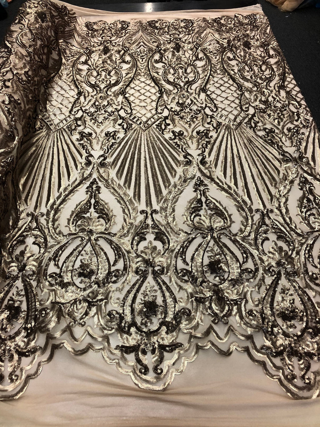 4 Way Stretch Damask Pattern Sequins Fabric Gold Fancy Embroidered Fashion-Prom-Gown By The Yard