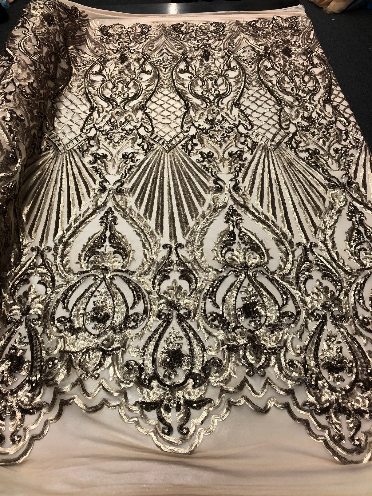 4 Way Stretch Damask Pattern Sequins Fabric Gold Fancy Embroidered Fashion-Prom-Gown By The Yard