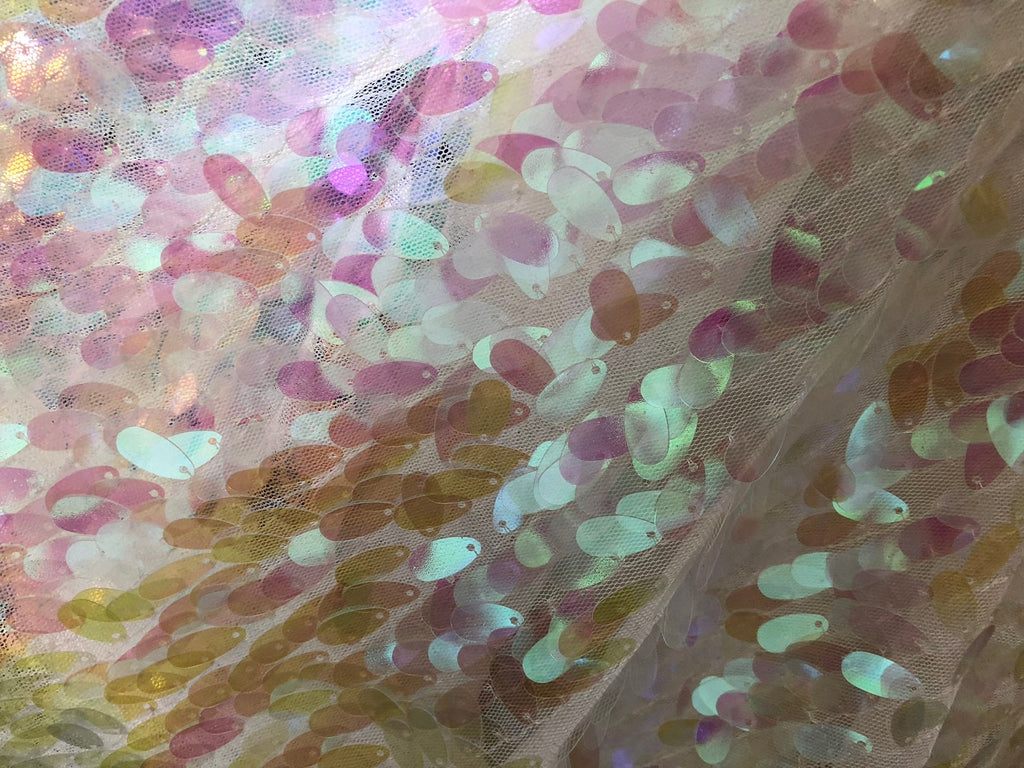 Iridescent Oval Tear Drop Sequins Fabric Irisdescent Ivory/Pink Mermaid Shiny Fabrics By The Yard