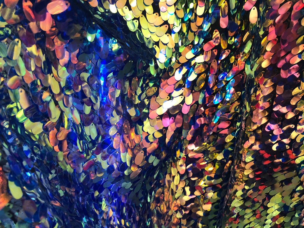 Iridescent Oval Tear Drop Sequins Fabric Irisdescent Rainbow Mermaid Shiny Fabric By The Yard