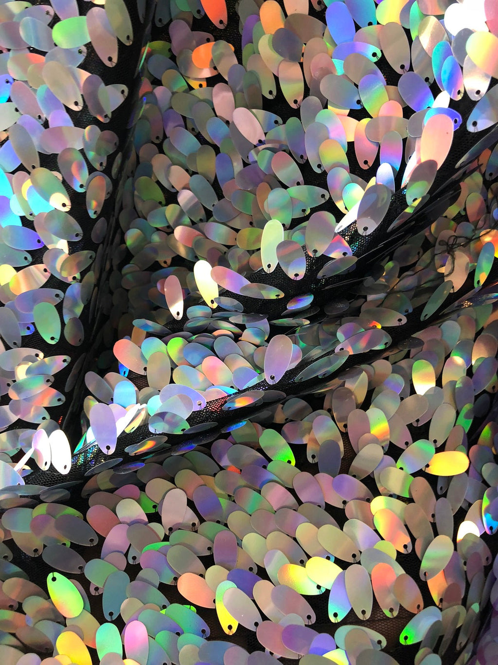 Iridescent Hologram Oval Tear Drop Sequins Fabric - Irisdescent Silver - Mermaid Fabrics by The Yard