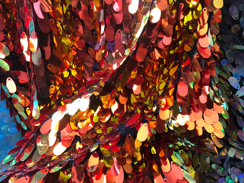 Iridescent Oval Tear Drop Sequins Fabric Irisdescent Orange Mermaid Shiny Fabric By The Yard