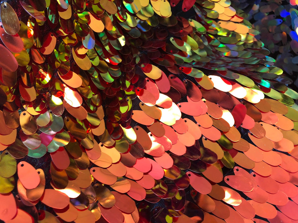 Iridescent Oval Tear Drop Sequins Fabric Irisdescent Orange Mermaid Shiny Fabric By The Yard