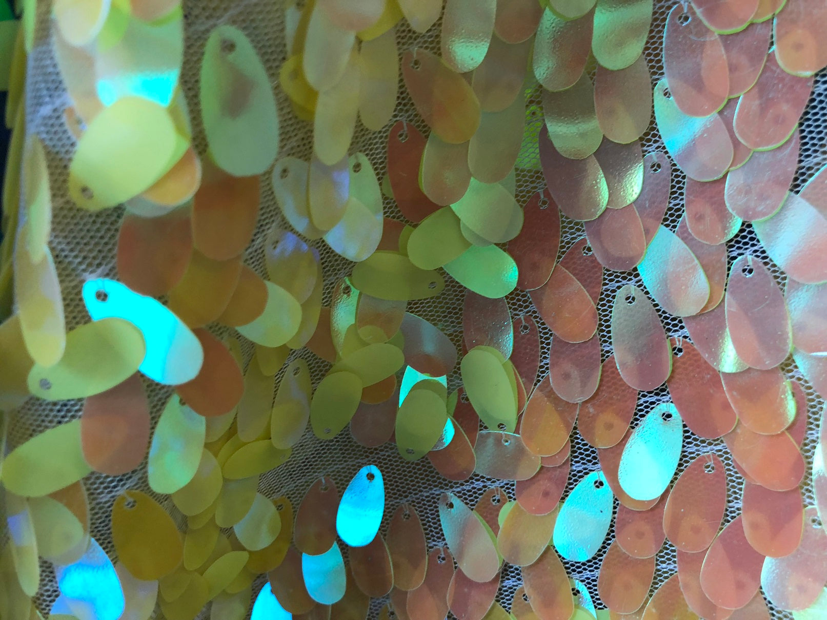 Iridescent Oval Tear Drop Sequins Fabric Irisdescent Yellow Mermaid Shiny Fabric By The Yard