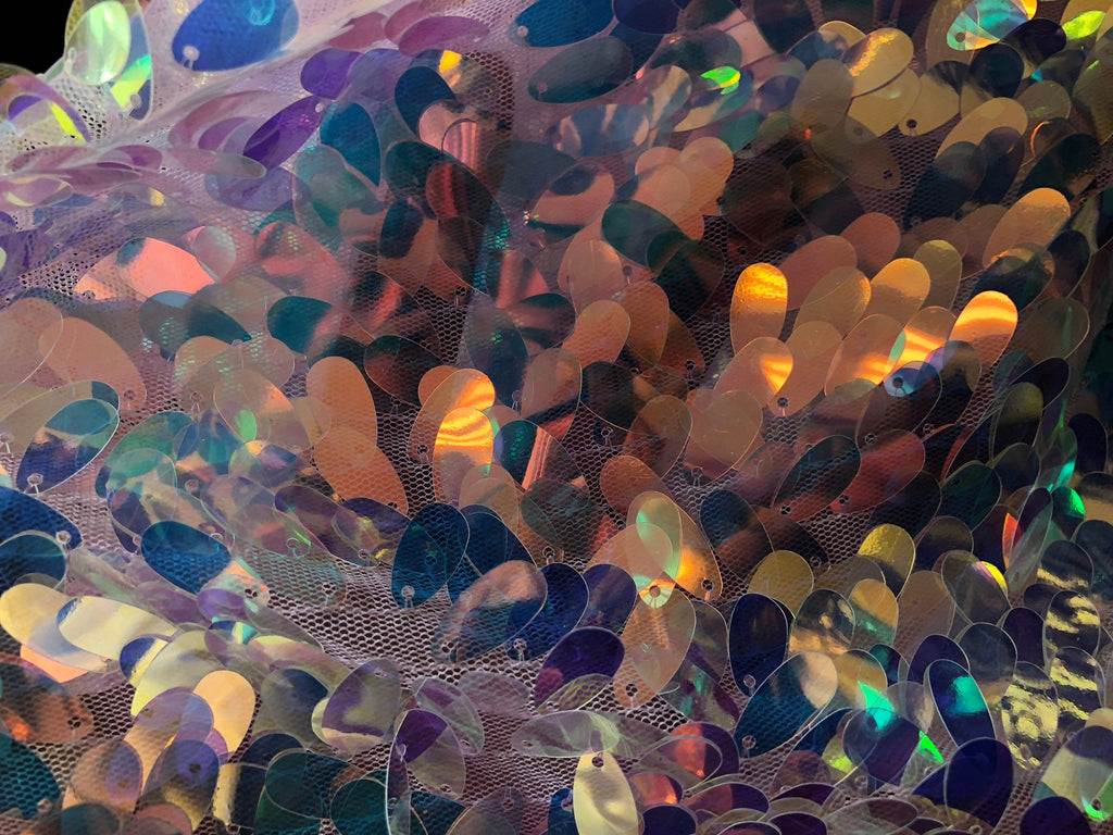 Iridescent Oval Tear Drop Sequins Fabric Irisdescent Clear Mermaid Shiny Fabric By The Yard