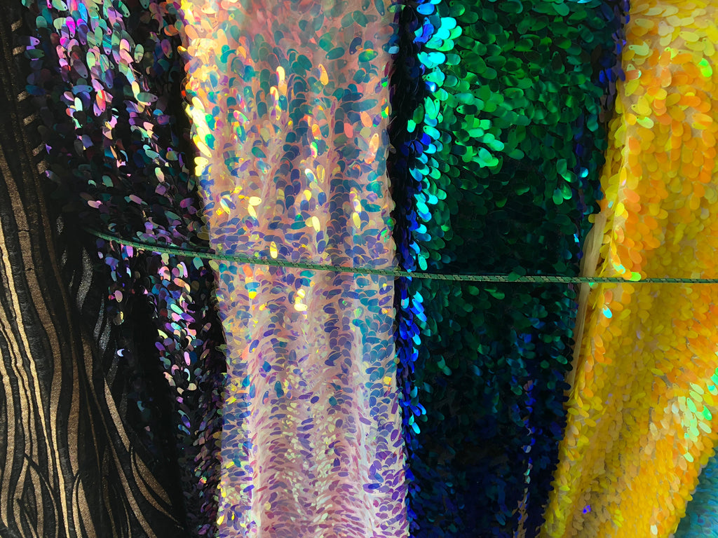Iridescent Oval Tear Drop Sequins Fabric Irisdescent Yellow Mermaid Shiny Fabric By The Yard