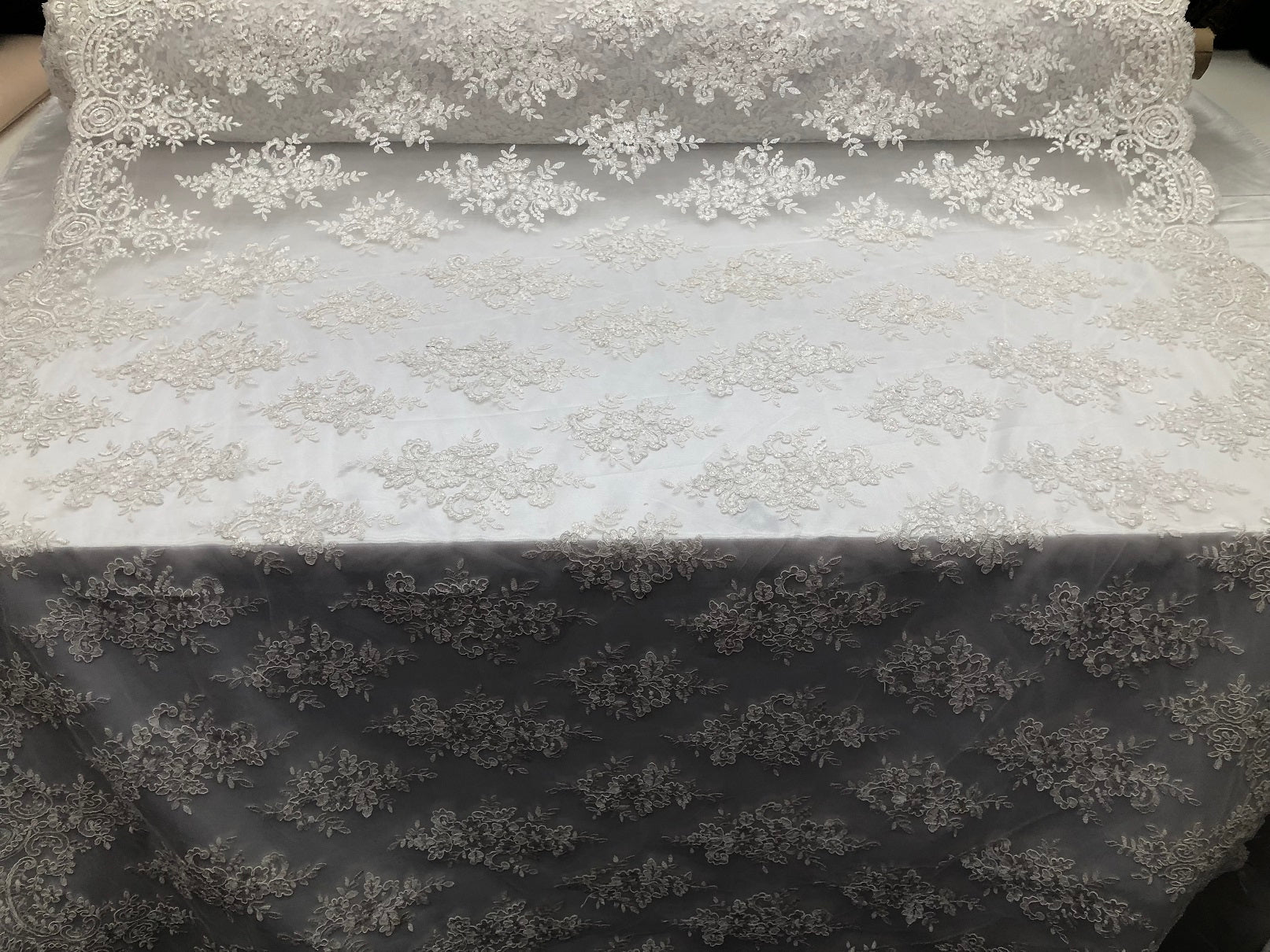 Floral Shiny Sequins Embroided Lace Fabric - White - Beautiful Fabrics Sold by The Yard