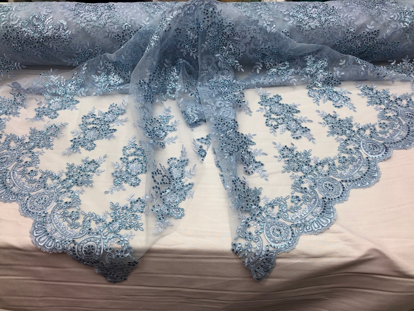 Floral Shiny Sequins Embroided Lace Fabric - Baby Blue  - Beautiful Fabrics Sold by The Yard