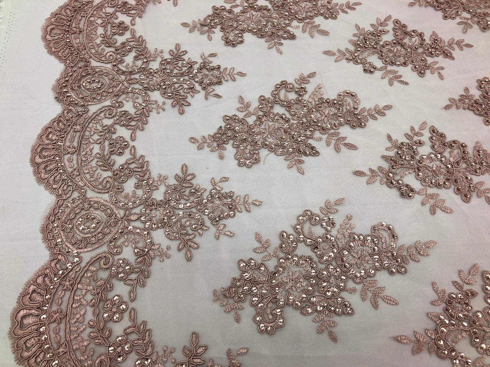 Floral Shiny Sequins Embroided Lace Fabric - Dusty Rose  - Beautiful Fabrics Sold by The Yard