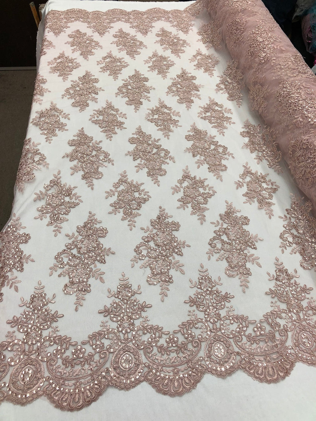 Floral Shiny Sequins Embroided Lace Fabric - Dusty Rose  - Beautiful Fabrics Sold by The Yard