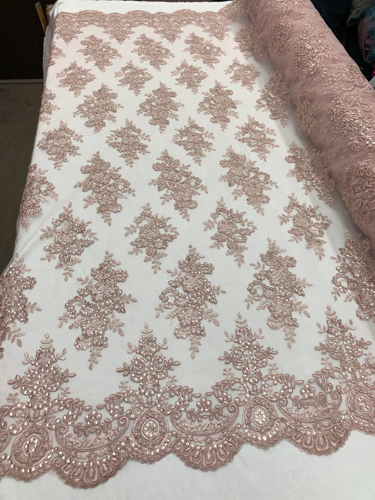 Floral Shiny Sequins Embroided Lace Fabric - Dusty Rose  - Beautiful Fabrics Sold by The Yard