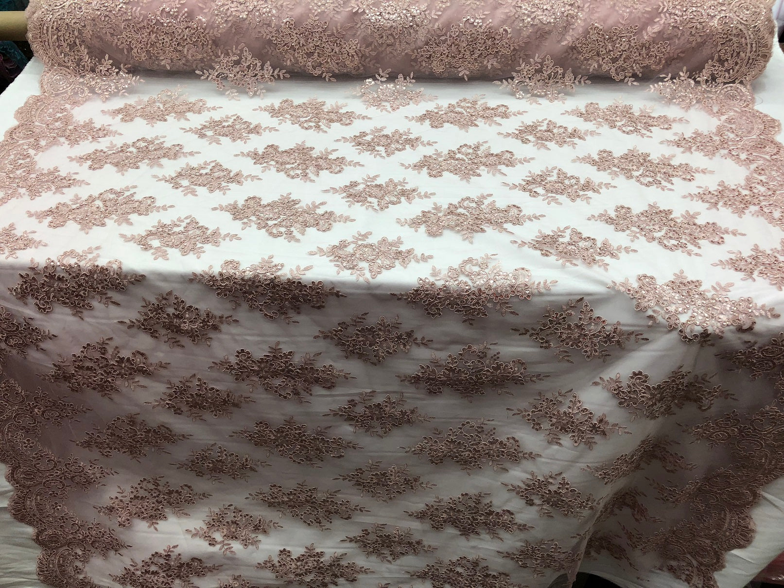 Floral Shiny Sequins Embroided Lace Fabric - Dusty Rose  - Beautiful Fabrics Sold by The Yard
