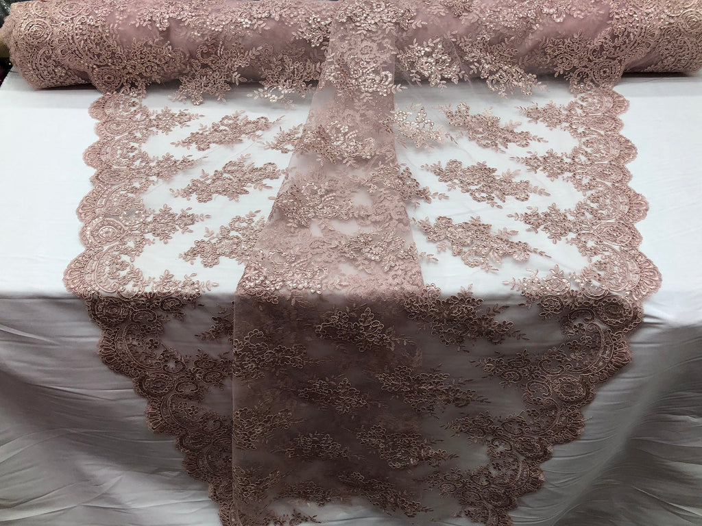 Floral Shiny Sequins Embroided Lace Fabric - Dusty Rose  - Beautiful Fabrics Sold by The Yard
