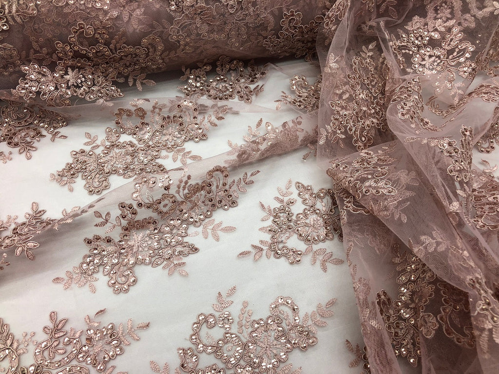Floral Shiny Sequins Embroided Lace Fabric - Dusty Rose  - Beautiful Fabrics Sold by The Yard