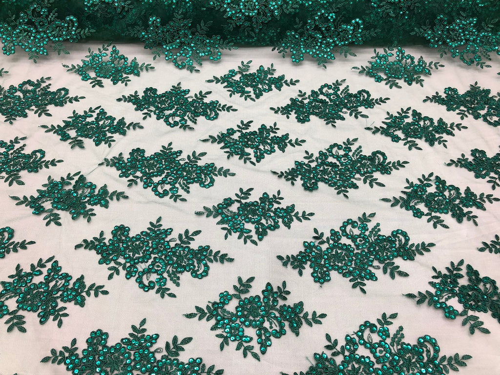 Floral Shiny Sequins Embroided Lace Fabric - Hunter Green - Beautiful Fabrics Sold by The Yard