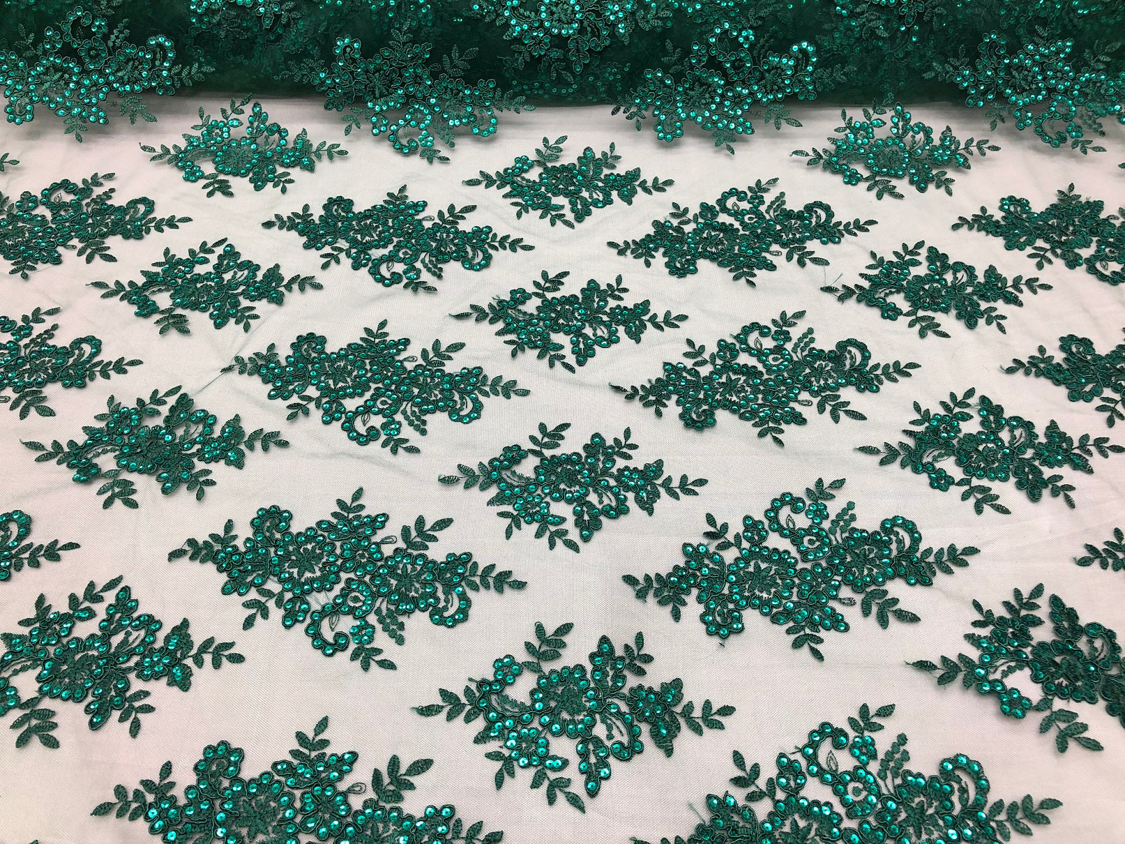 Floral Shiny Sequins Embroided Lace Fabric - Hunter Green - Beautiful Fabrics Sold by The Yard