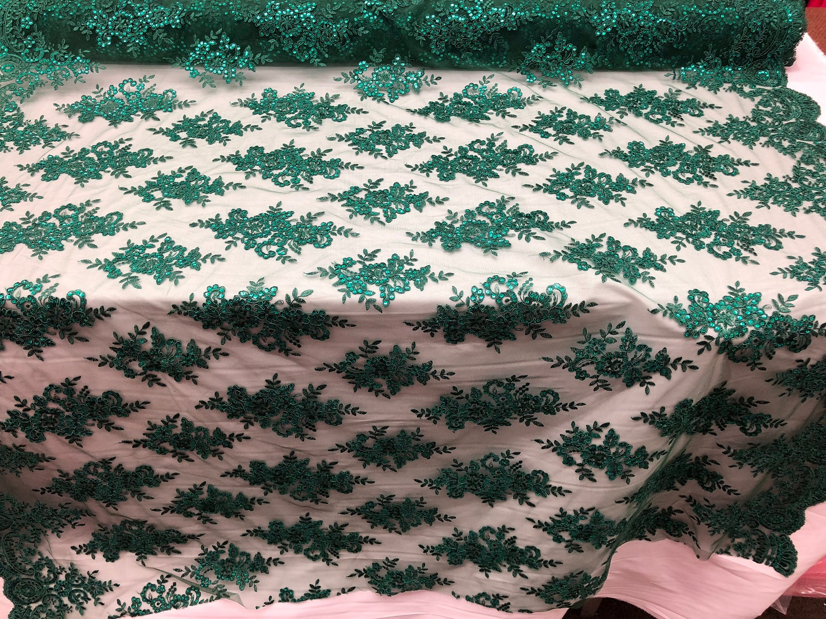 Floral Shiny Sequins Embroided Lace Fabric - Hunter Green - Beautiful Fabrics Sold by The Yard