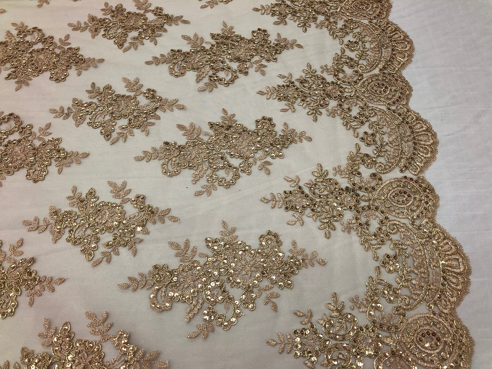 Floral Shiny Sequins Embroided Lace Fabric - Metallic Gold - Beautiful Fabrics Sold by The Yard