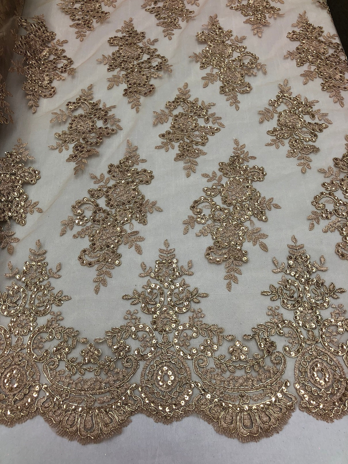 Floral Shiny Sequins Embroided Lace Fabric - Metallic Gold - Beautiful Fabrics Sold by The Yard