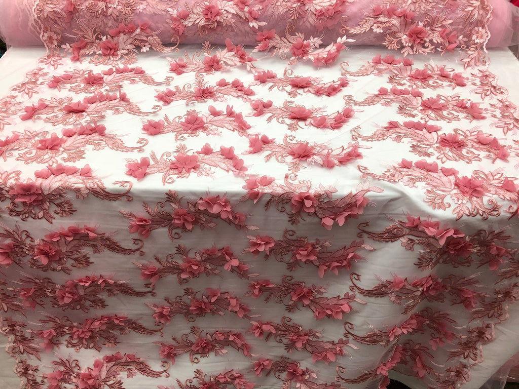 3D Embroided - Light Pink Flower And Leaf Pattern Fabric Fancy Flowers Fashion Fabric By The Yard