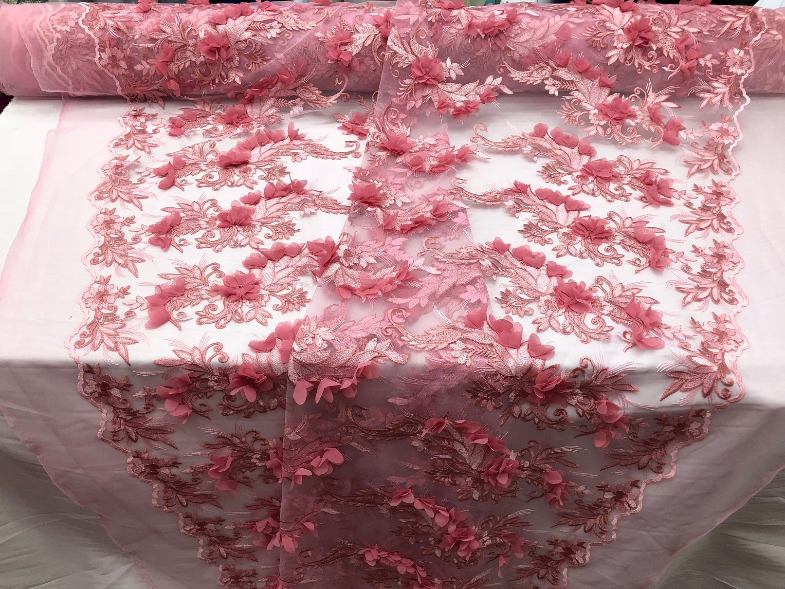 3D Embroided - Light Pink Flower And Leaf Pattern Fabric Fancy Flowers Fashion Fabric By The Yard