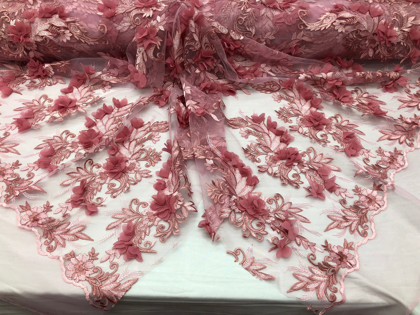 3D Embroided - Light Pink Flower And Leaf Pattern Fabric Fancy Flowers Fashion Fabric By The Yard