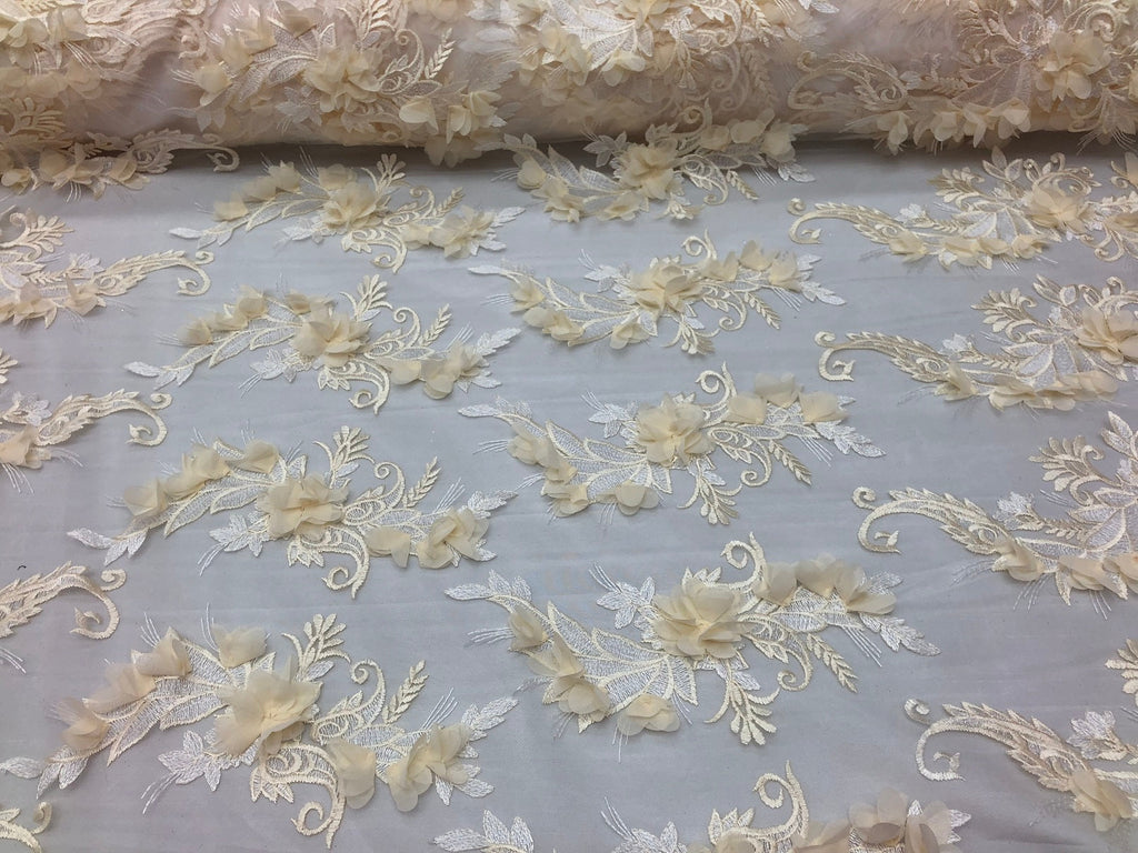 3D Embroided - Ivory Flower And Leaf Pattern Fabric Fancy Flowers Fashion Fabric By The Yard
