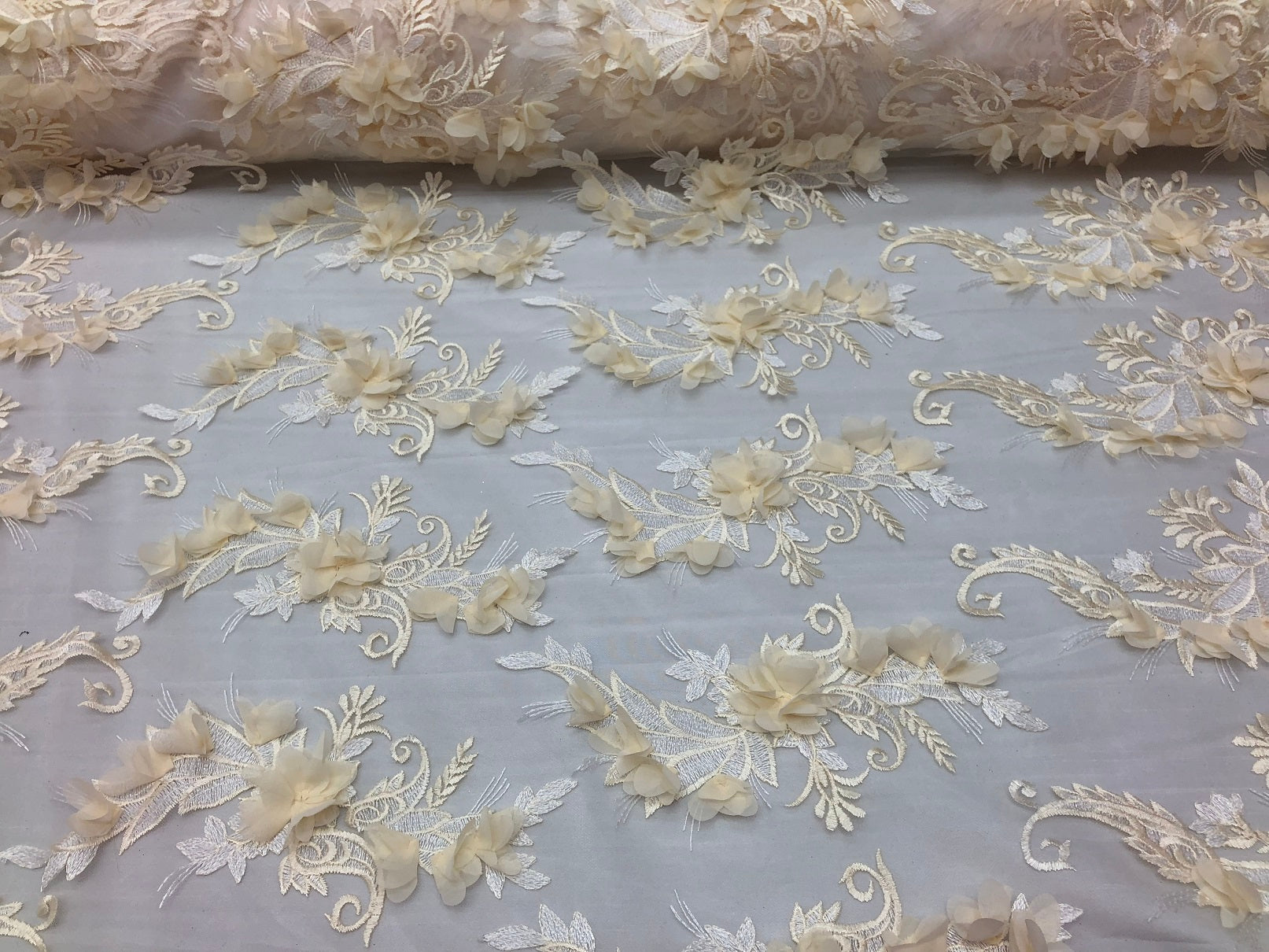 3D Embroided - Ivory Flower And Leaf Pattern Fabric Fancy Flowers Fashion Fabric By The Yard