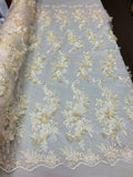 3D Embroided - Ivory Flower And Leaf Pattern Fabric Fancy Flowers Fashion Fabric By The Yard